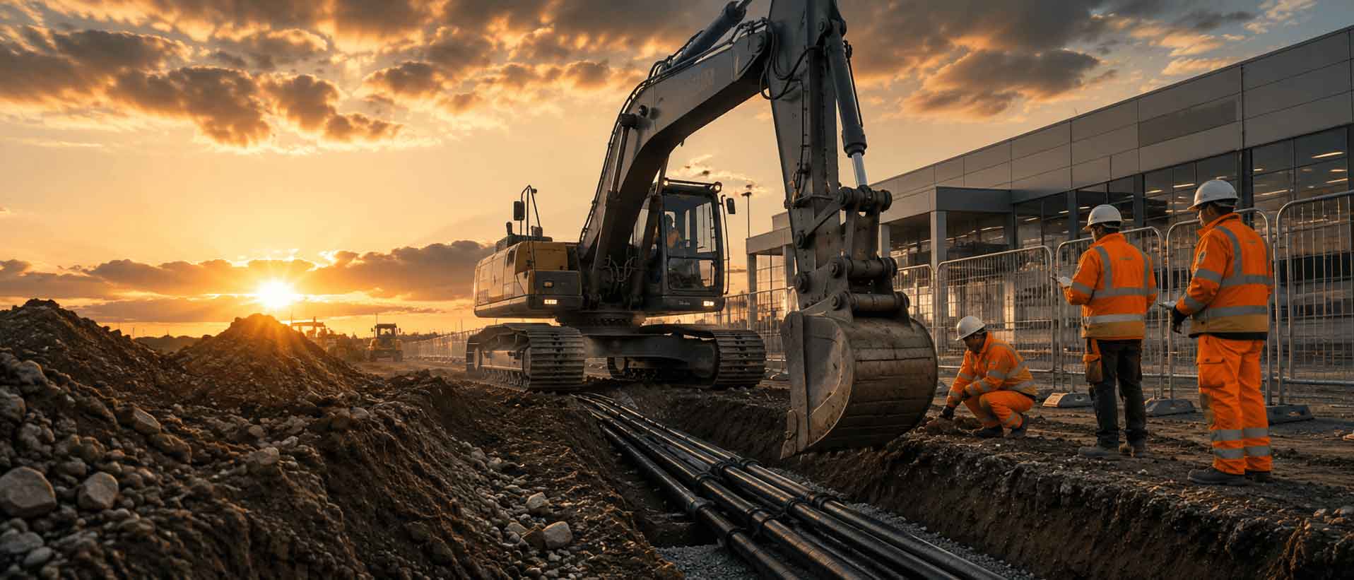 Civil engineering works and excavator on site